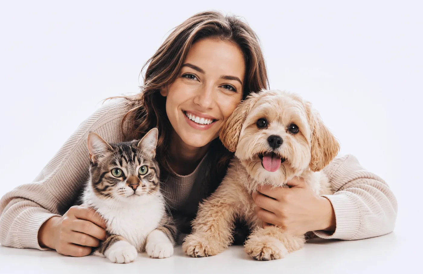 A smiling woman gently holding a tabby cat and a small cream-colored dog